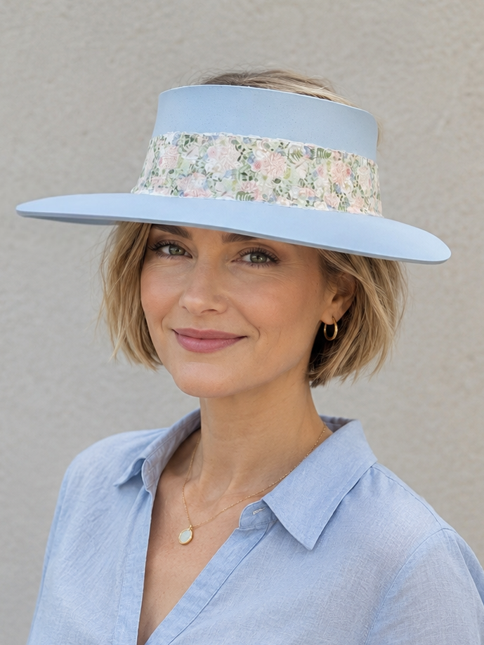 Tall Light Blue Visor Hat - Pink Garden Themed Band