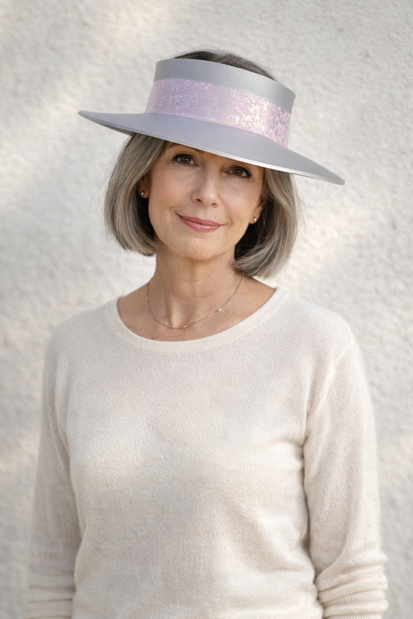 Tall Silver "LadyEVA" Visor Hat with Pink and Silver Floral Band