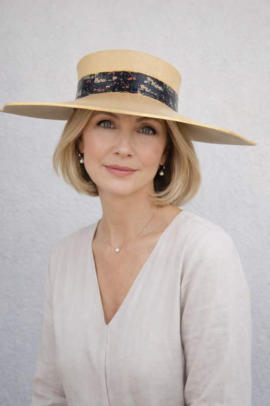 Woman wearing a wide-brimmed hat with a decorative band against a light background