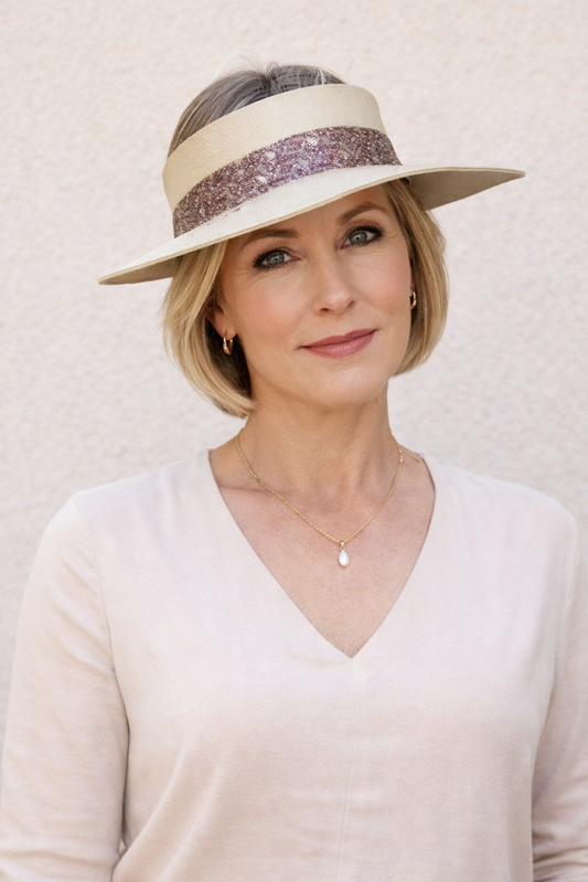 Beige "LadyEVA" Visor Hat with Delicate Purple Leaf Pattern Band and Gold Accents