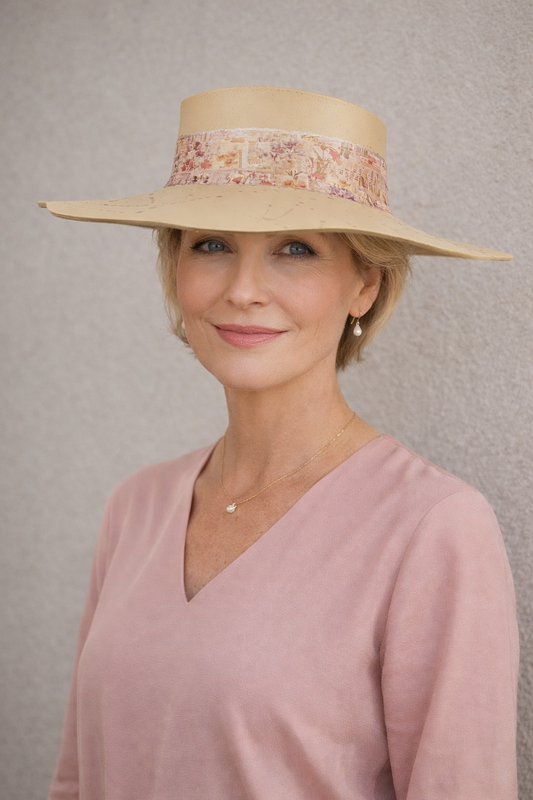 Woman wearing a beige hat with floral band against a plain background