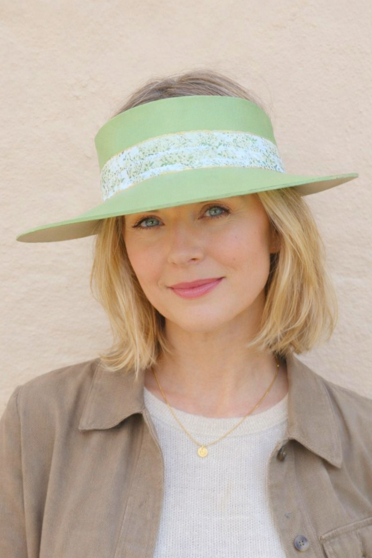 Light Green Visor Hat - Bright Green Garden Band and Handpainted Floral Motif