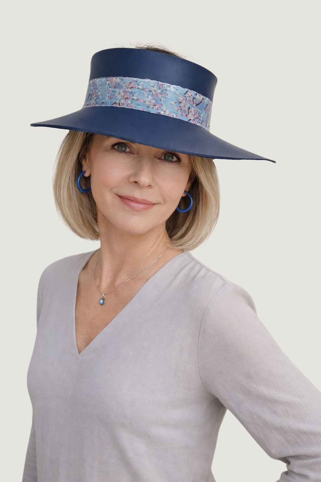 Tall Navy Blue "LadyEVA" Visor Hat with Pink and Blue Floral Band