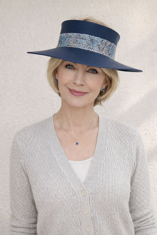 Tall Navy Blue "LadyEVA" Visor Hat with Pink and Blue Floral Band