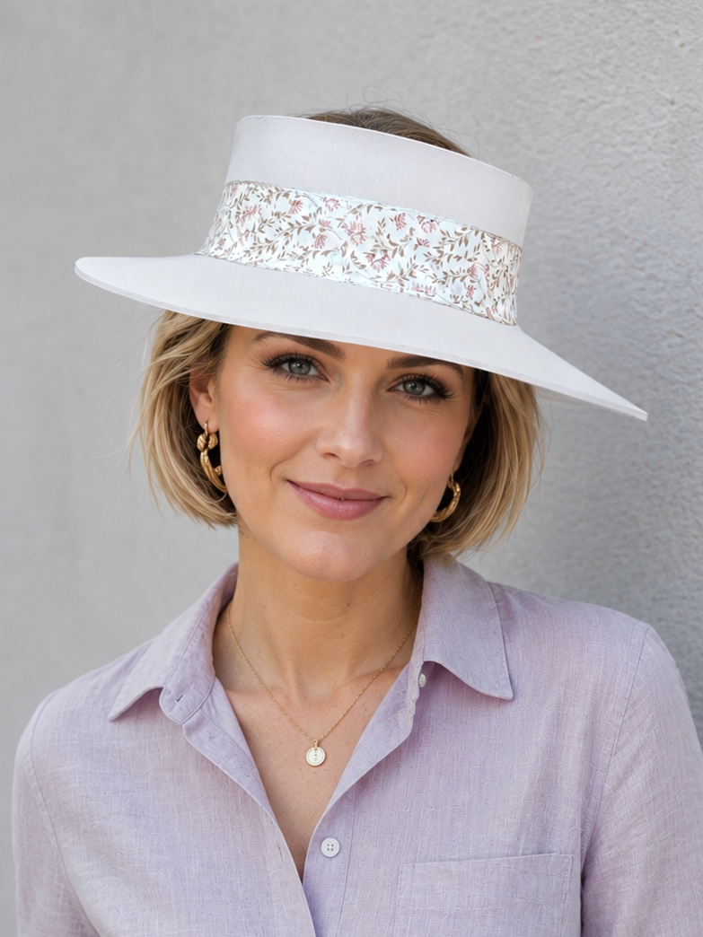 Tall Taupe Visor Hat - Soft Floral Band