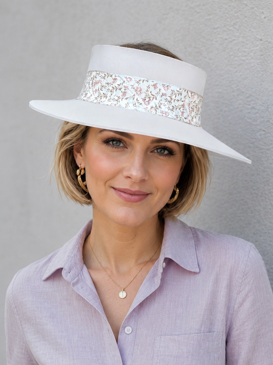 Tall Taupe Visor Hat - Soft Floral Band