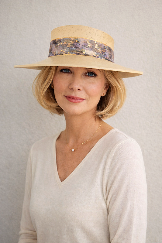 Woman wearing a wide-brimmed hat with a patterned band against a plain background