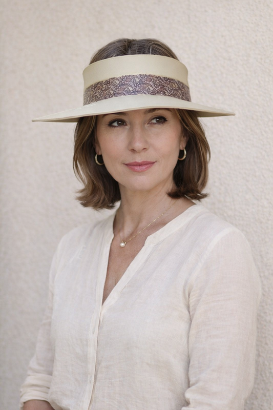 Beige "LadyEVA" Visor Hat with Delicate Purple Leaf Pattern Band and Gold Accents
