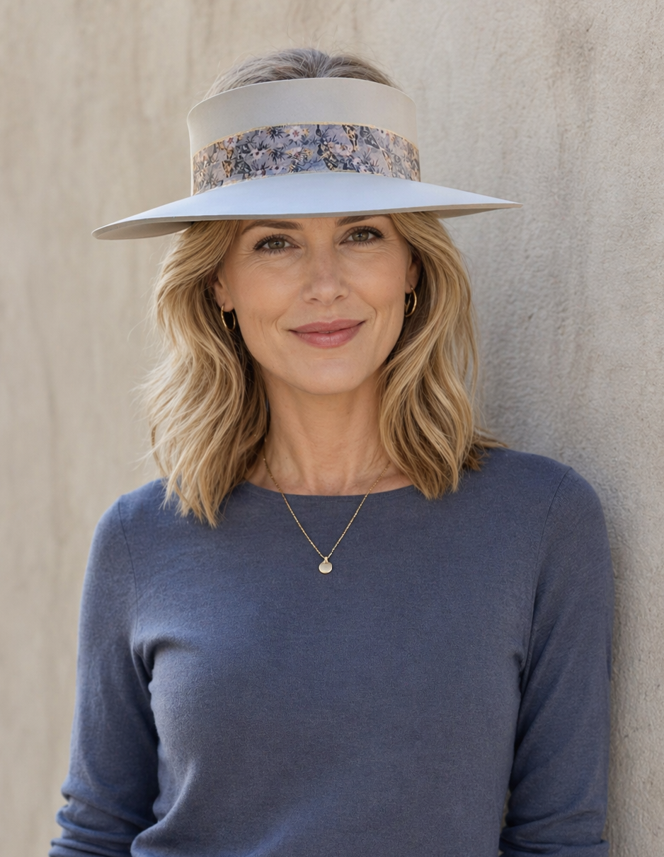 Taupe Visor Hat with - Light Pink and Lavender Floral Band