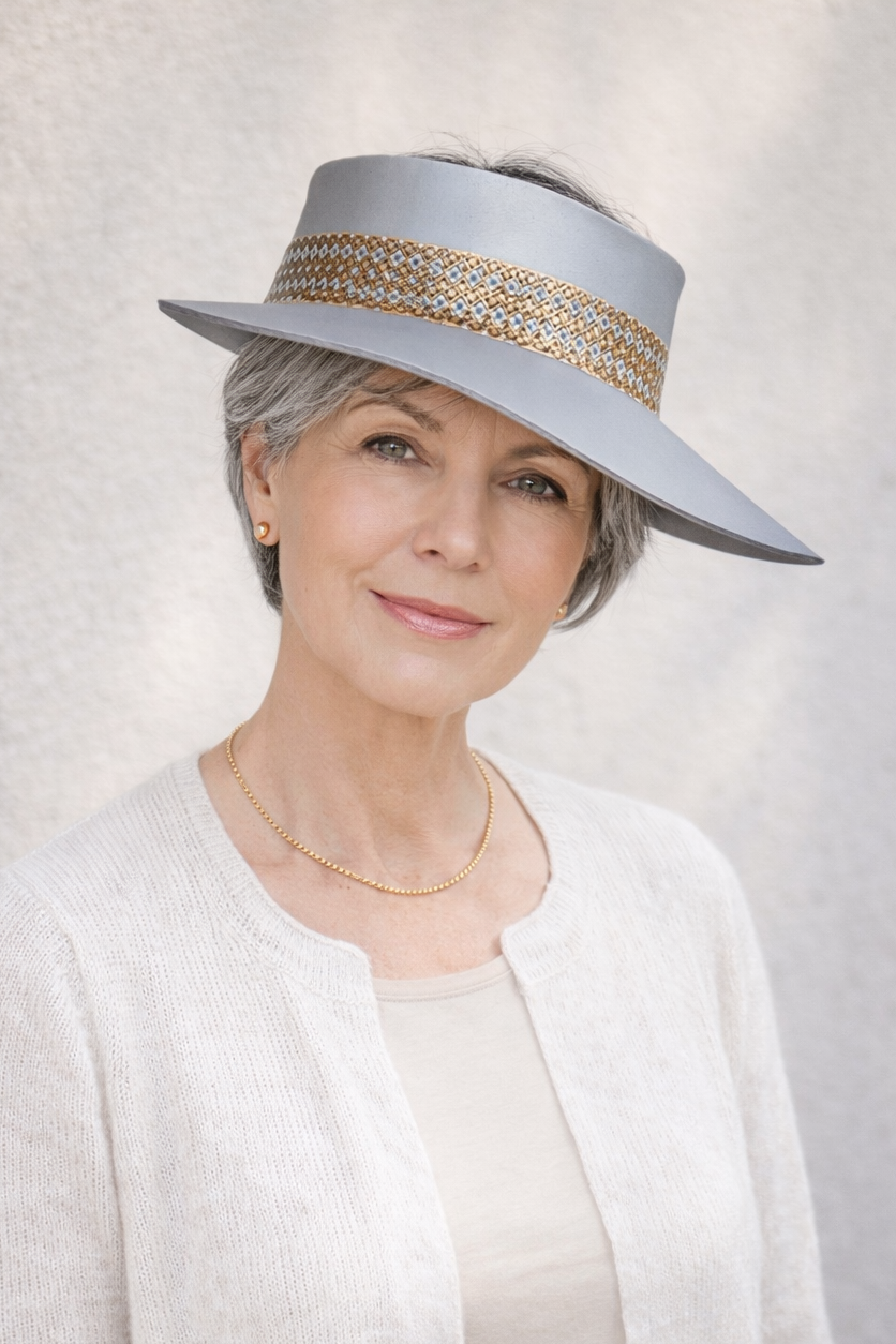 Woman wearing a light gray hat with a decorative band against a plain background