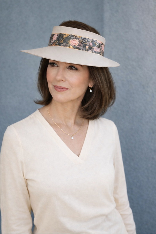 Taupe "LadyEVA" Visor Hat with Black Floral Band and Handpainted Floral Motif