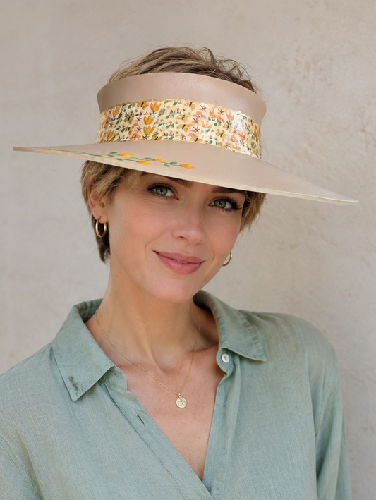 Tan Visor Hat - Autumn Floral Band and Hand painted Orange Floral Motif
