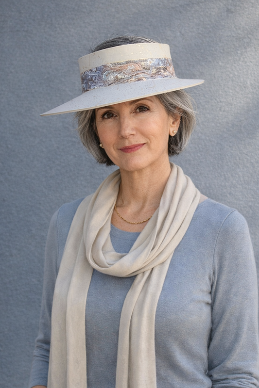 Woman wearing a wide-brimmed hat and scarf against a gray background
