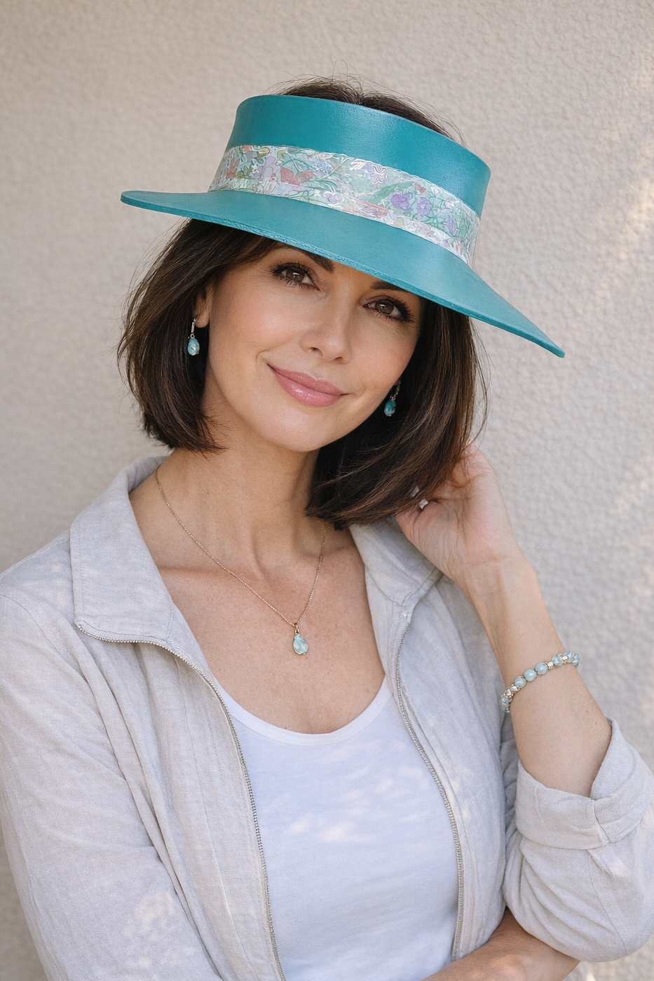 Emerald Green Visor Hat - Pastel Floral Band