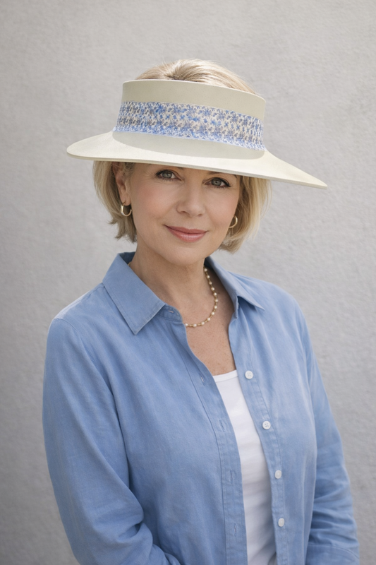 Woman wearing a wide-brimmed hat with a blue band against a gray background