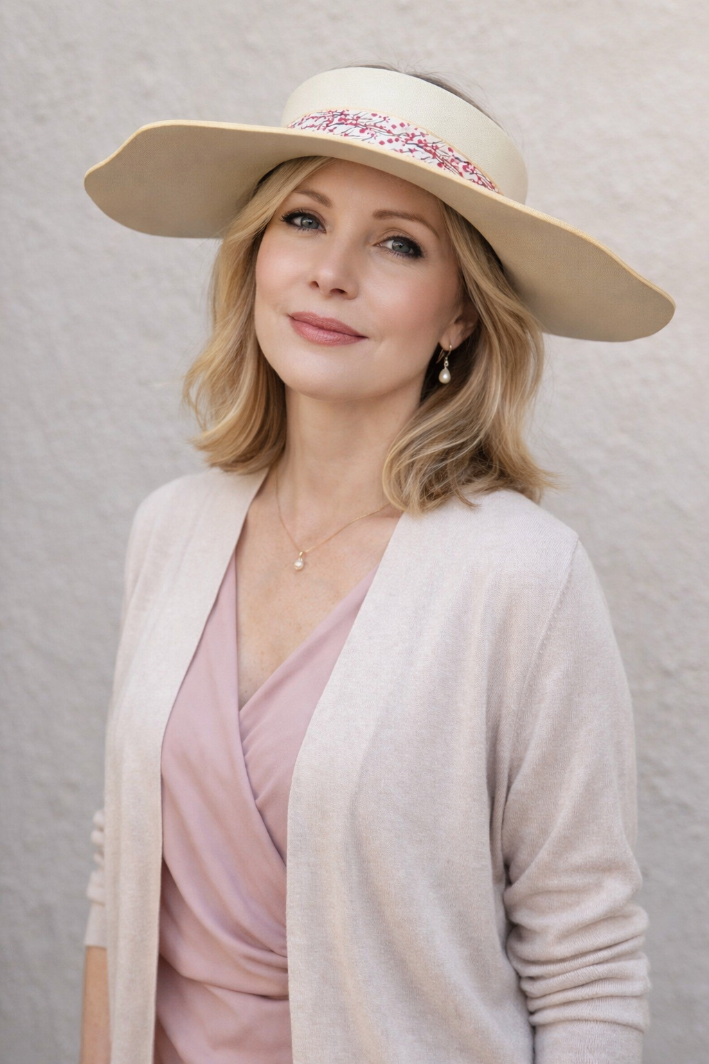Woman wearing a wide-brimmed hat with decorative band against a plain background