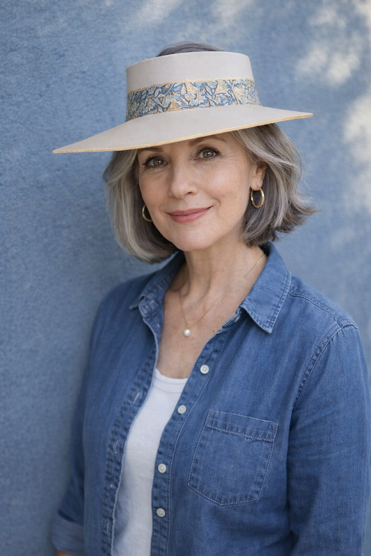 Woman wearing a wide-brimmed hat with a floral band against a blue background