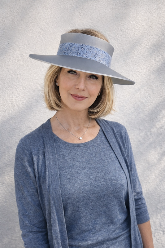 Silver "LadyEVA" Visor Hat with Lovely Light Blue Floral Band