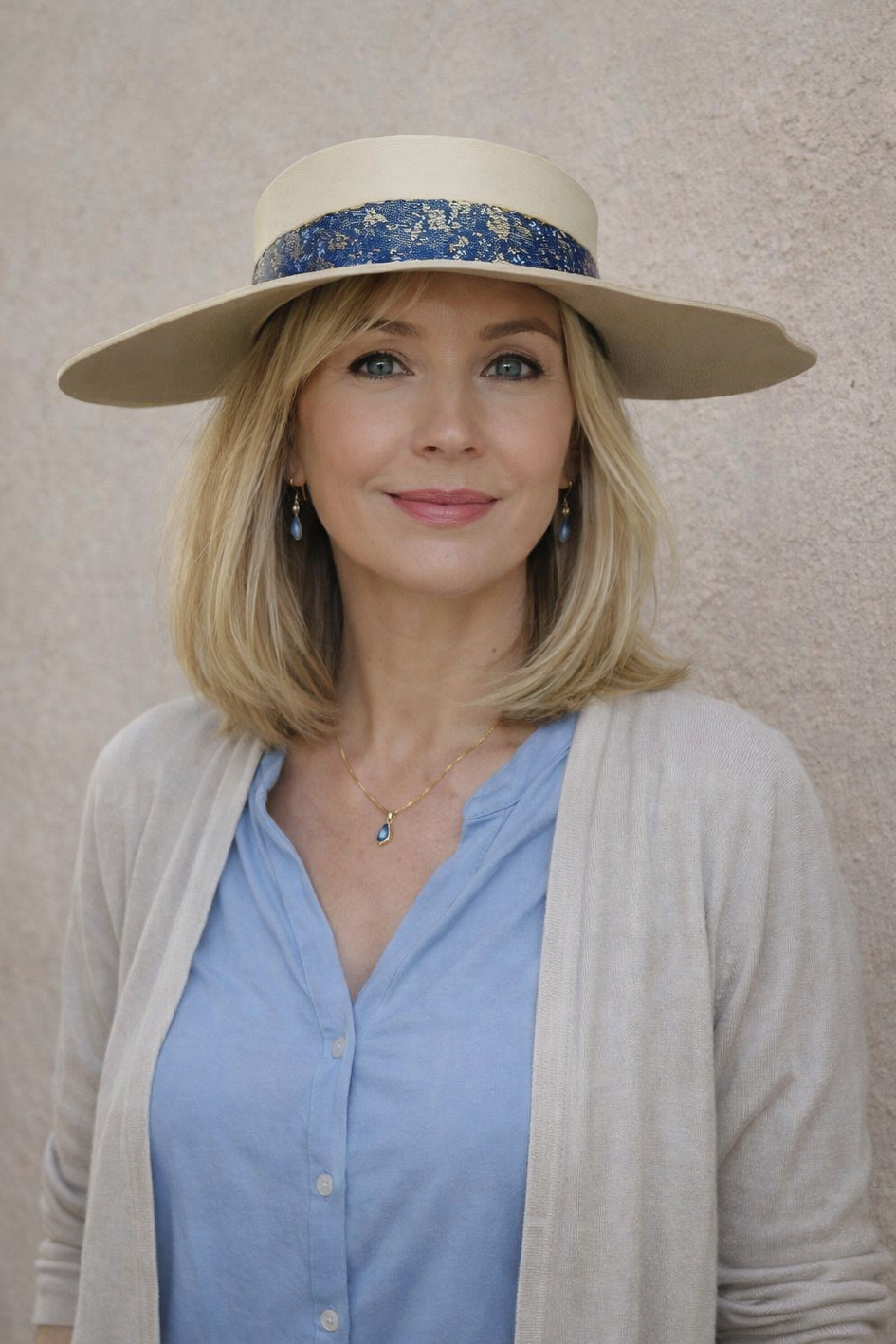 Woman wearing a wide-brimmed hat with a decorative band against a plain background