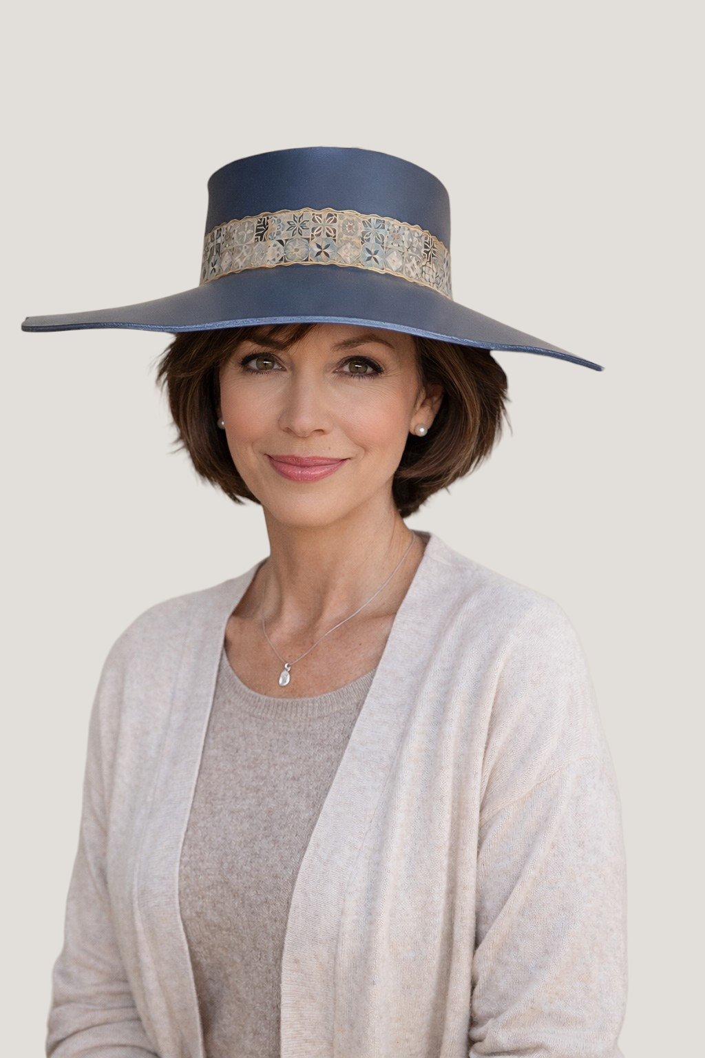 Tall Navy Lotus Visor Hat with Geo Band with Golden Highlights