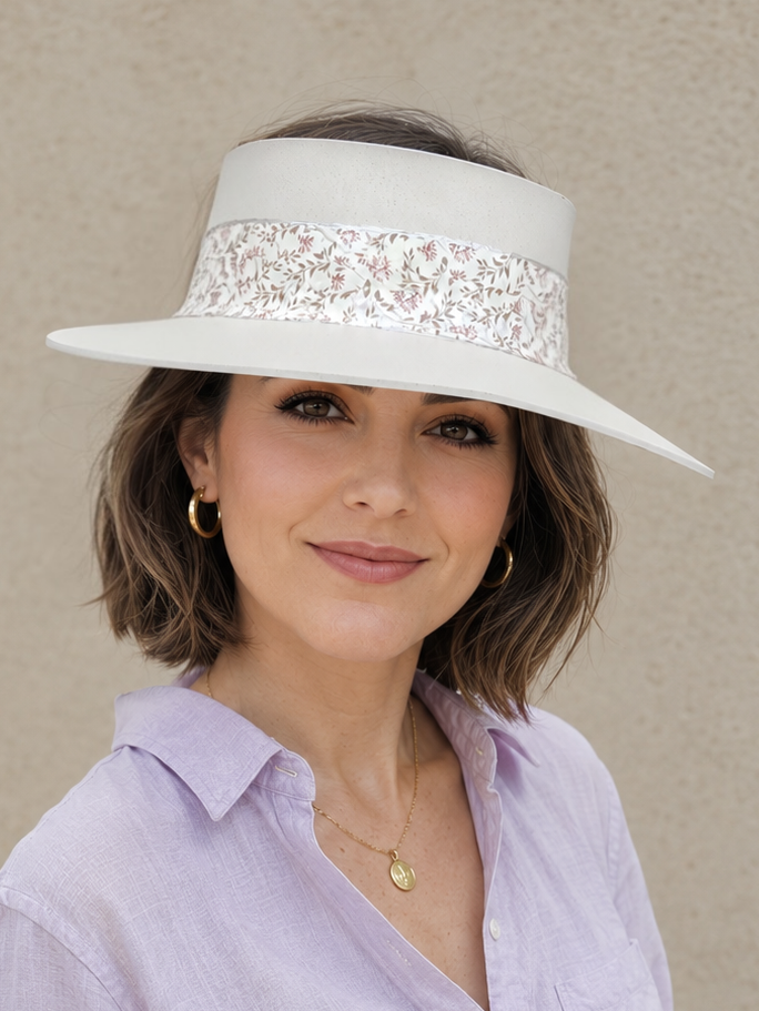 Tall Taupe Visor Hat - Soft Floral Band