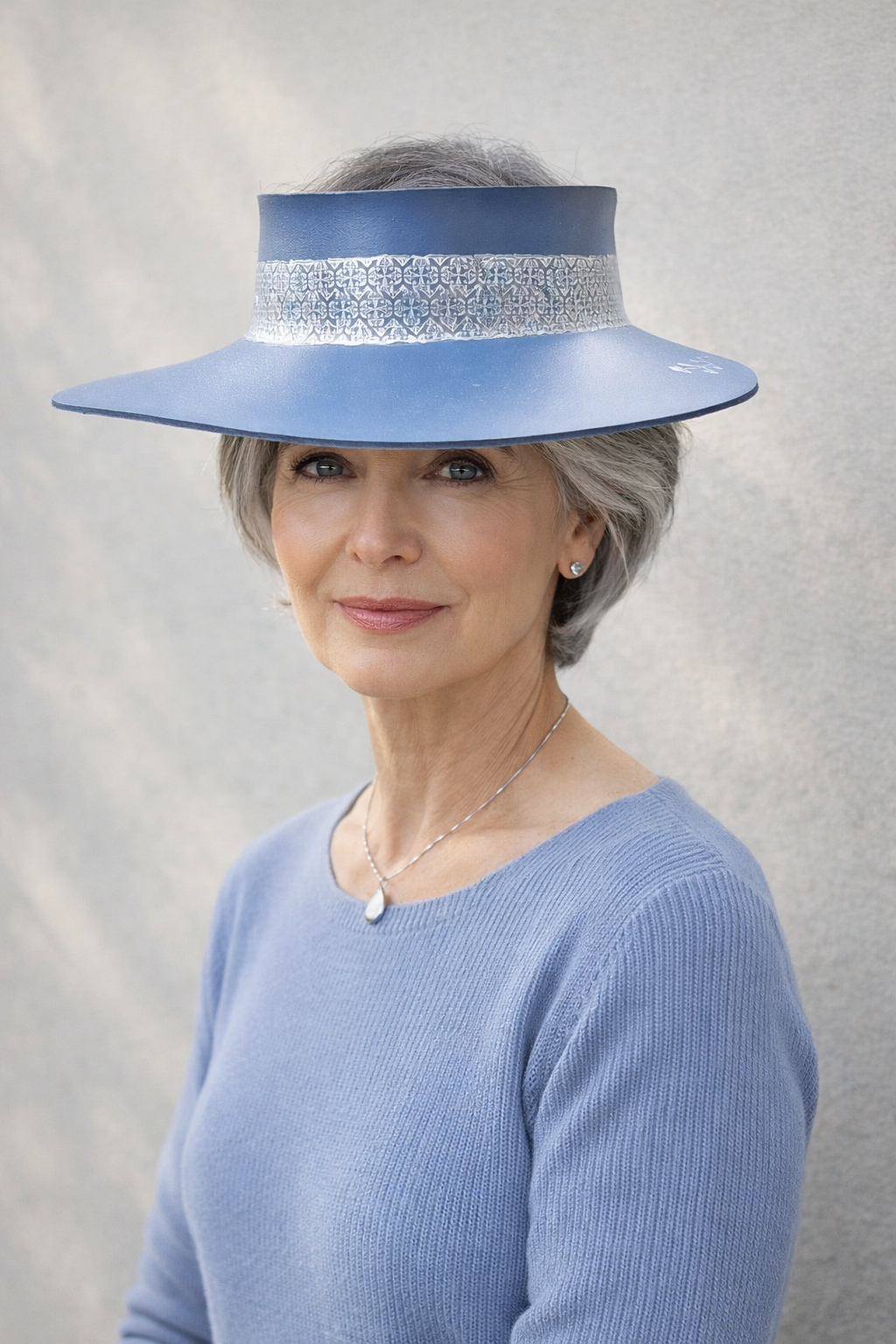 Navy Blue "LadyEVA" Visor Hat with Silver Geometric Band and Handpainted Floral Motif