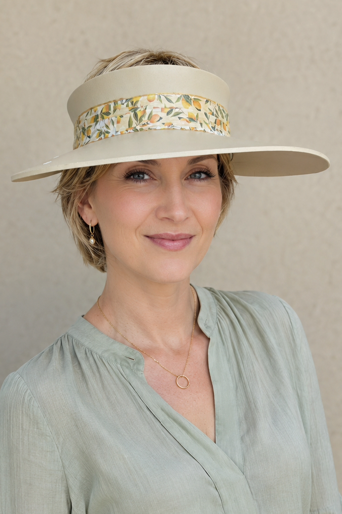 Beige Visor Hat - Citrus Floral Band and White Flowers on Brim