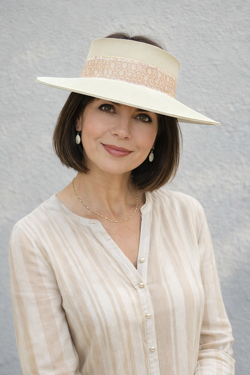 Tall Beige Visor Hat - Warm Brown Band