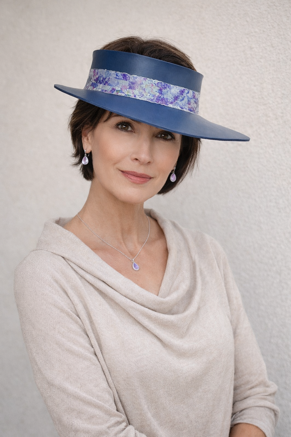 Navy Blue "LadyEVA" Visor Hat with Blue and Purple Floral Band