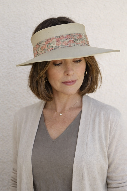 Beige "LadyEVA" Visor Hat with Orange Pink Floral Band