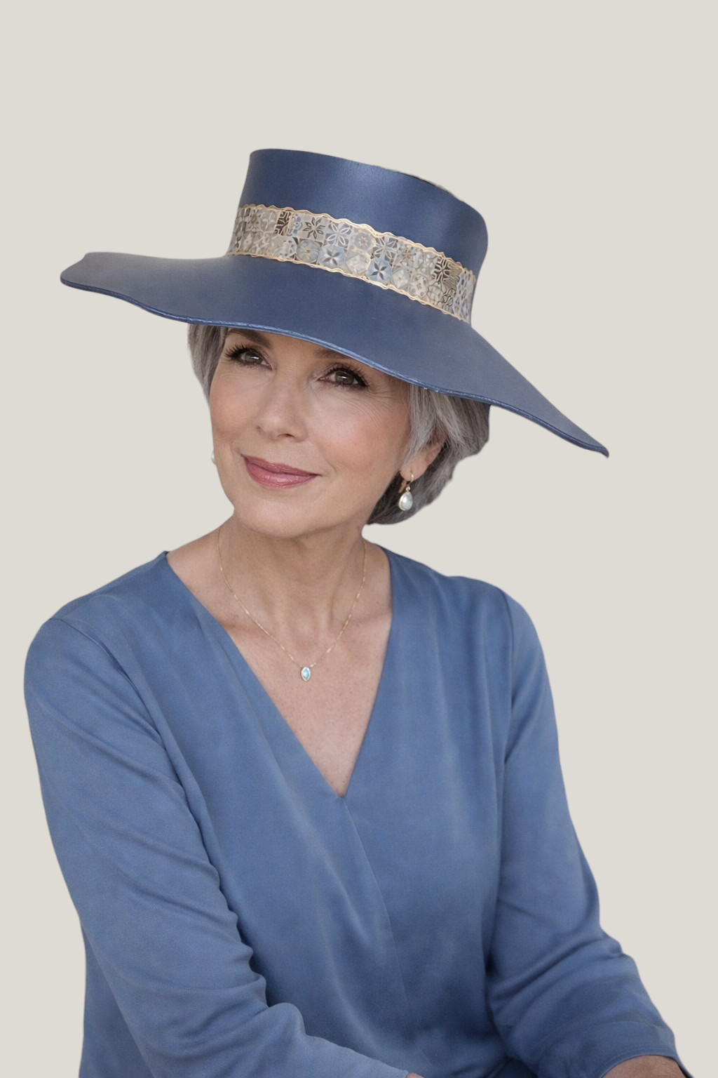 Tall Navy Lotus Visor Hat with Geo Band with Golden Highlights