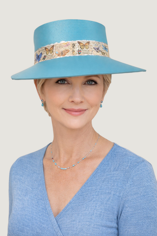 Tall Teal Blue "LadyEVA" Visor Hat with Butterfly Band