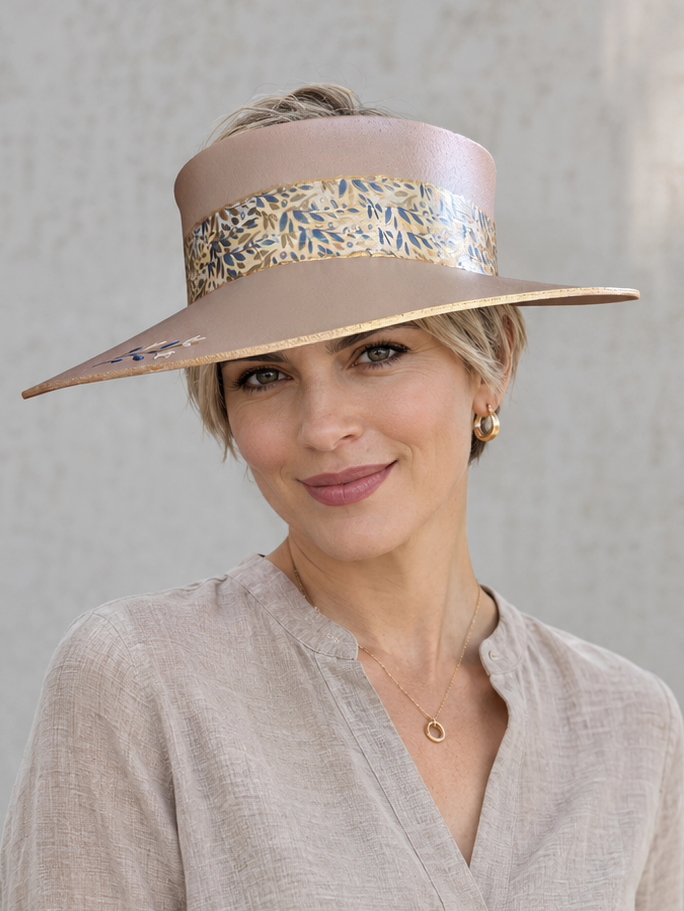 Tall Tan Visor Hat - Blue and Gold Floral Band and Hand painted Floral Motif