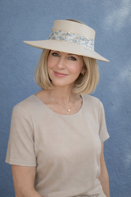 Taupe "LadyEVA" Hat with Blue and Golden Band and Handpainted Floral Motif